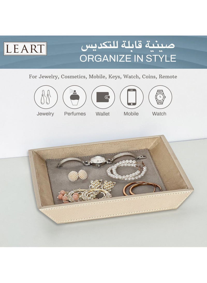 لي آرت منظم مجوهرات من الجلد - منظم مجوهرات | صينية زينة | صينية تنظيم مجوهرات | حامل للمكتب والسرير لتخزين المجوهرات ومستحضرات التجميل والمفاتيح والعملات المعدنية والساعات (حجر رمادي)  - Image 5