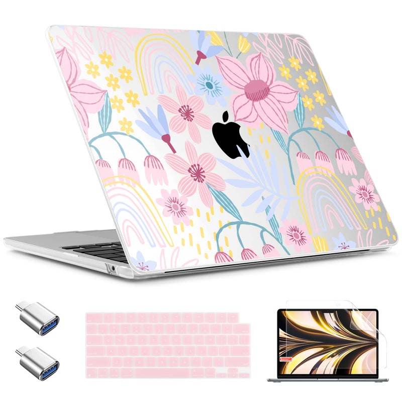 TWOLSKOO Compatible with M4 MacBook Air 13.6 inch Case 2025-2022 Release M4 A3240 M3 A3113 M2 A2681, Plastic Hard Shell & Keyboard Cover & Type C Adapter & Screen Protector, Floral Spring - Image 1