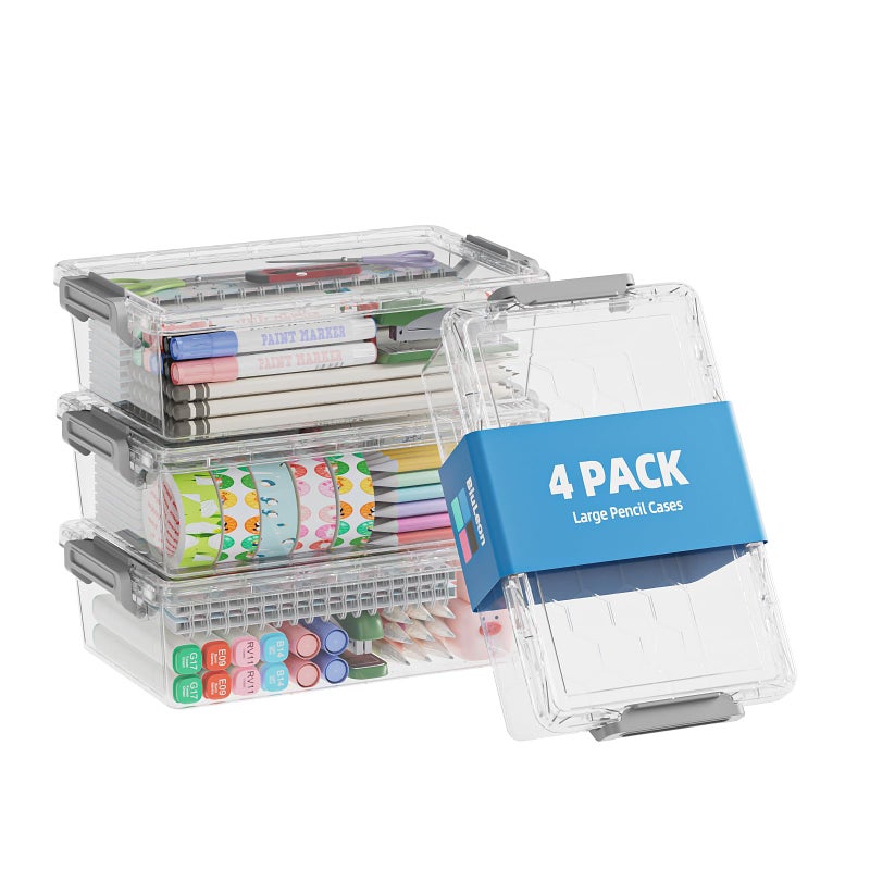 BiuLeon 4 Pack Extra Large Pencil Box, Plastic Pencil Case Organizer, Clear Crayon Box Marker Organizer, Stackable Craft Organizers and Storage for Pen, Craft, Art Supply(Grey) - Image 1