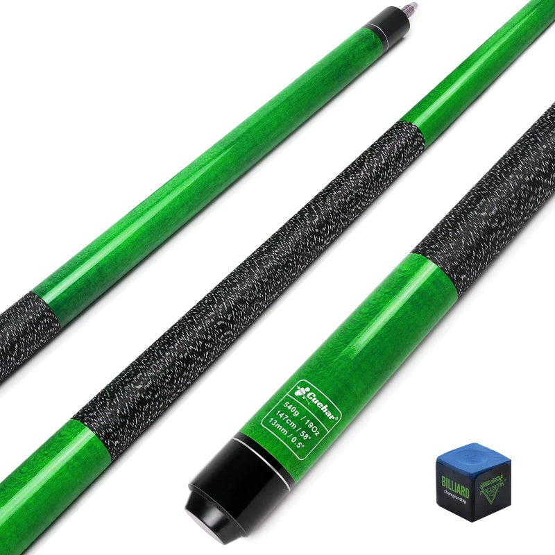 CUEBAR Green Pool Cue 20oz - 58" 2-Piece Maple Billiard Stick with 13mm Tip & Linen Grip - Versatile Weight for Home Bars & Game Rooms - Image 1