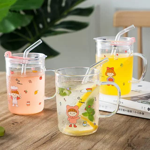 KHOLAD Random Design Glass Measuring Drinking Milk Mug with Handle and Clear Lid with Silicone Straw for Girls Kids Multiple Usage 350 ml Set of 2 Kids Mug 2 - Image 3