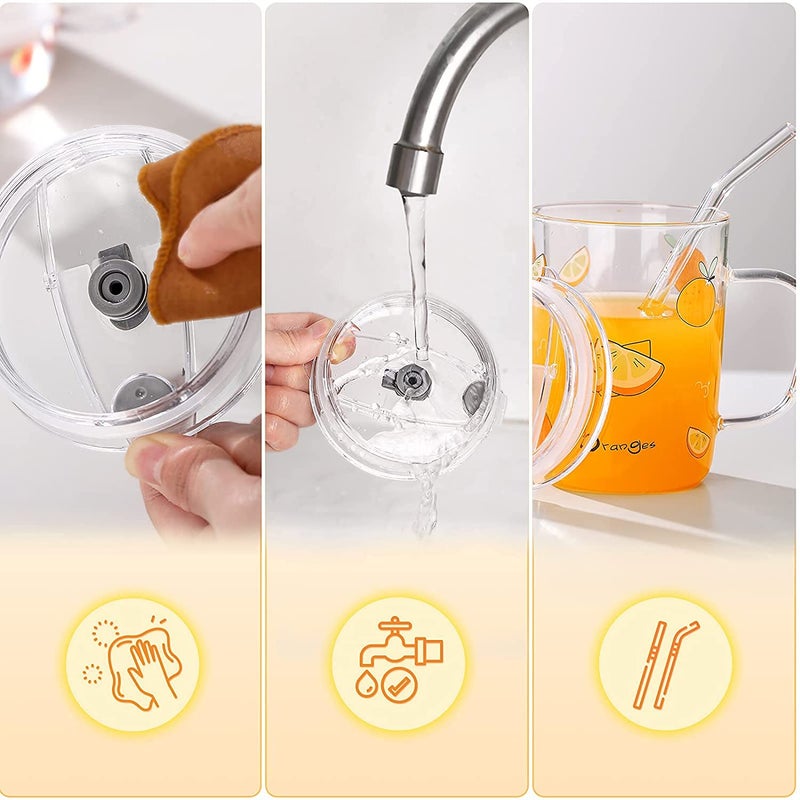 KHOLAD Random Design Glass Measuring Drinking Milk Mug with Handle and Clear Lid with Silicone Straw for Girls Kids Multiple Usage 350 ml Set of 2 Kids Mug 2 - Image 4