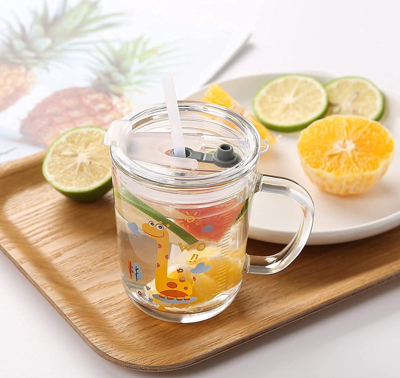 KHOLAD Random Design Glass Measuring Drinking Milk Mug with Handle and Clear Lid with Silicone Straw for Girls Kids Multiple Usage 350 ml Set of 2 Kids Mug 2 - Image 5