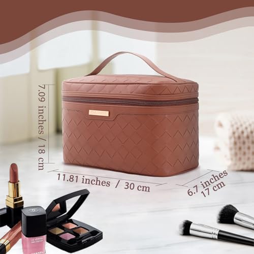 Dajasan Makeup Bag, Travel Cosmetic Bag, Makeup Organizer Bag, Makeup Organizer Case with Divider and Handle, Large Toiletry Bag for Women 11.81 x 6.7 x 7.09 Inch (Brown) - Image 2