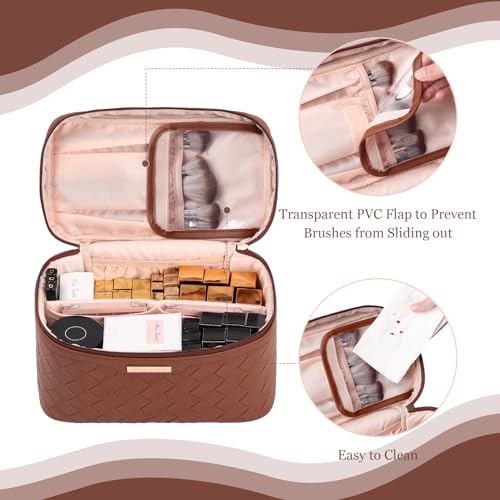 Dajasan Makeup Bag, Travel Cosmetic Bag, Makeup Organizer Bag, Makeup Organizer Case with Divider and Handle, Large Toiletry Bag for Women 11.81 x 6.7 x 7.09 Inch (Brown) - Image 5