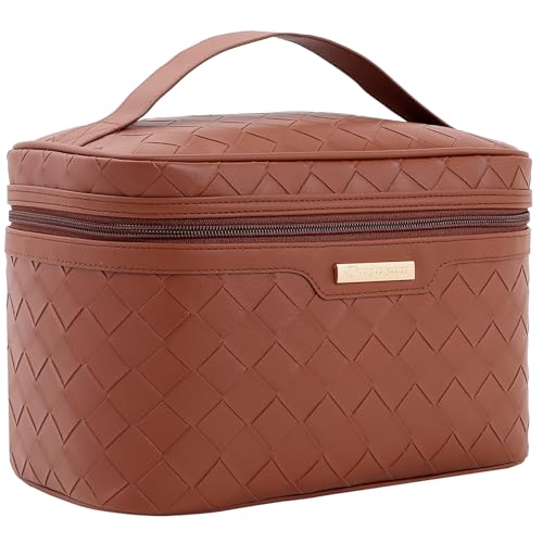 Dajasan Makeup Bag, Travel Cosmetic Bag, Makeup Organizer Bag, Makeup Organizer Case with Divider and Handle, Large Toiletry Bag for Women 11.81 x 6.7 x 7.09 Inch (Brown) - Image 1