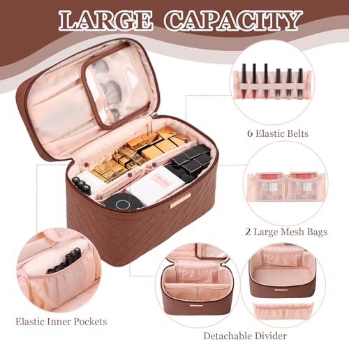 Dajasan Makeup Bag, Travel Cosmetic Bag, Makeup Organizer Bag, Makeup Organizer Case with Divider and Handle, Large Toiletry Bag for Women 11.81 x 6.7 x 7.09 Inch (Brown) - Image 4