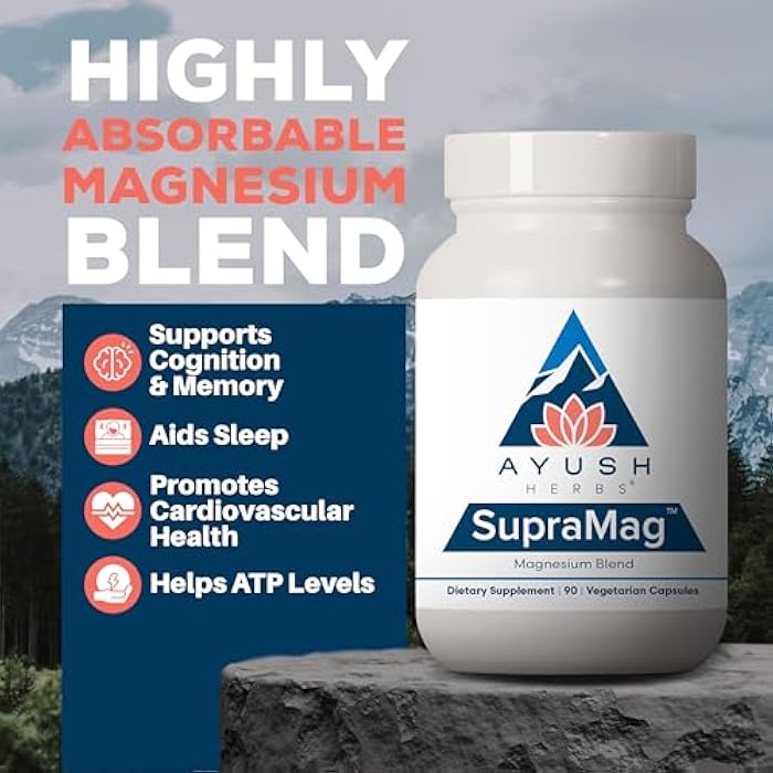 Ayush Herbs SupraMag - Magnesium Blend, 400mg Magnesium Complex Supplement with Chelated Magnesium Bisglycinate, Citrate, Ororate for Sleep, Energy, & Brain Health - 90 Servings - Image 2
