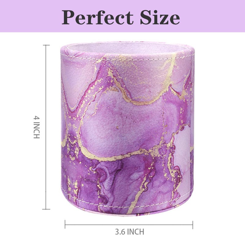 WAVEYU Pen Holder, Pencil Cup Desk Decor, Decorative Pencil Organizer, Makeup Brush Holder, Leather Multi-Functional Organizer for Office, Home, Classroom, Purple Marble - Image 2