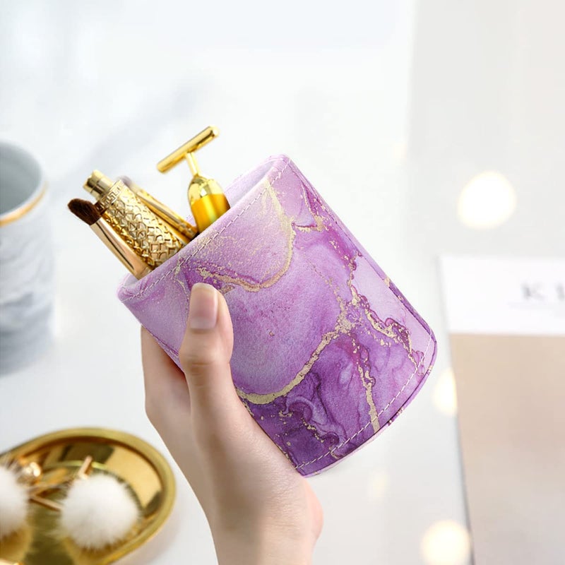 WAVEYU Pen Holder, Pencil Cup Desk Decor, Decorative Pencil Organizer, Makeup Brush Holder, Leather Multi-Functional Organizer for Office, Home, Classroom, Purple Marble - Image 3
