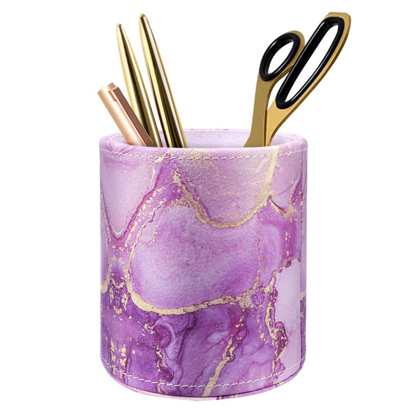 WAVEYU Pen Holder, Pencil Cup Desk Decor, Decorative Pencil Organizer, Makeup Brush Holder, Leather Multi-Functional Organizer for Office, Home, Classroom, Purple Marble - Image 1