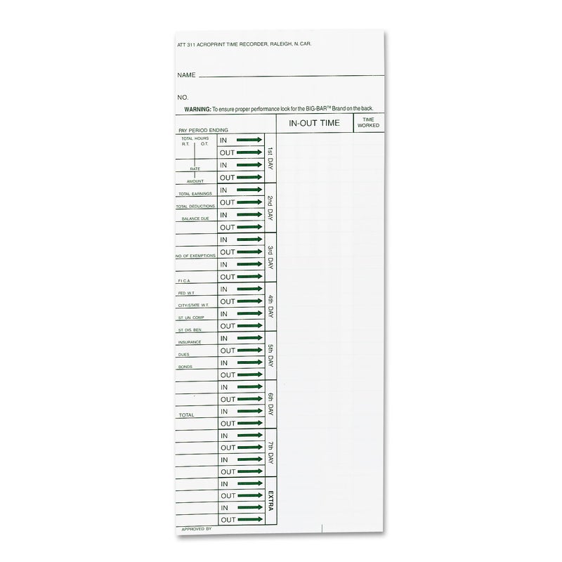 Acroprint 096103080 Time Card for ATT310 Time Recorder Pack of 200 Time Clock