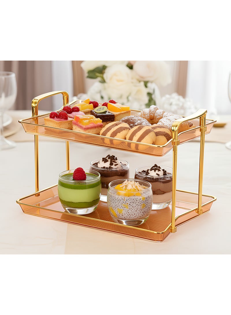 كوزي نست ستاند تقديم مستطيل من طبقتين بمقابض ذهبية بلون بني لتقديم الطعام والحلويات والعطور والقهوة وتزيين طاولة المنزل - Image 1