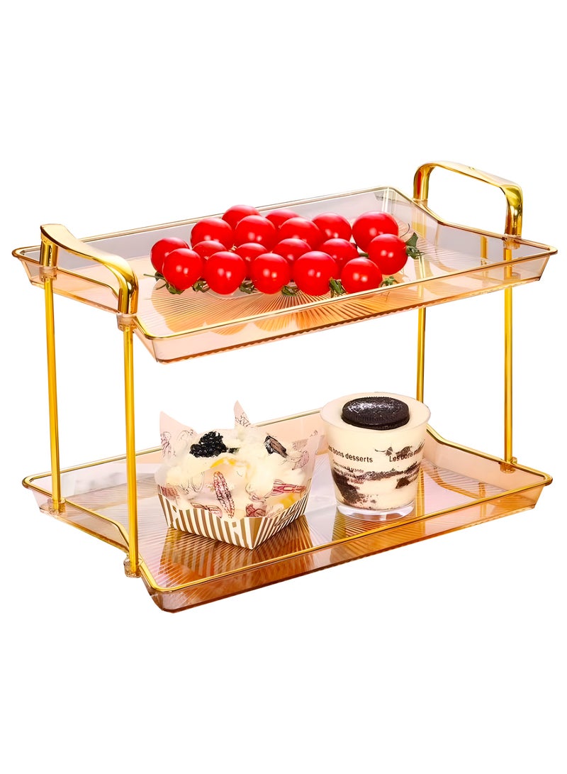 كوزي نست ستاند تقديم مستطيل من طبقتين بمقابض ذهبية بلون بني لتقديم الطعام والحلويات والعطور والقهوة وتزيين طاولة المنزل - Image 2