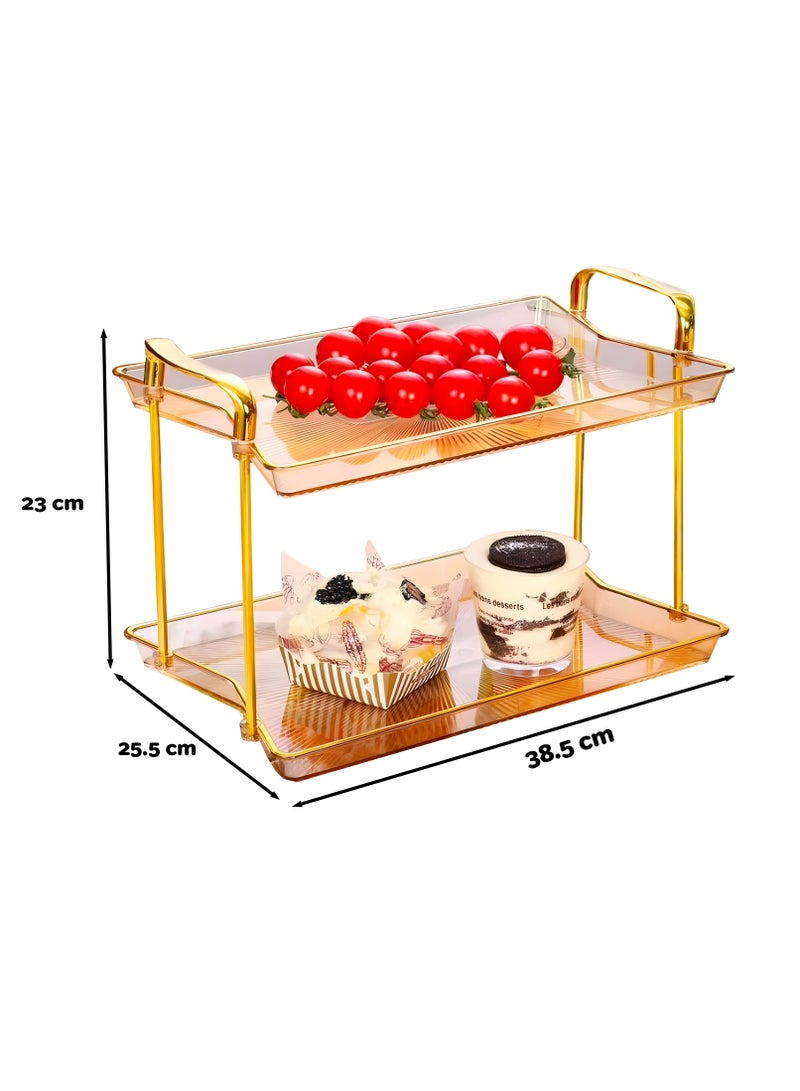 كوزي نست ستاند تقديم مستطيل من طبقتين بمقابض ذهبية بلون بني لتقديم الطعام والحلويات والعطور والقهوة وتزيين طاولة المنزل - Image 3