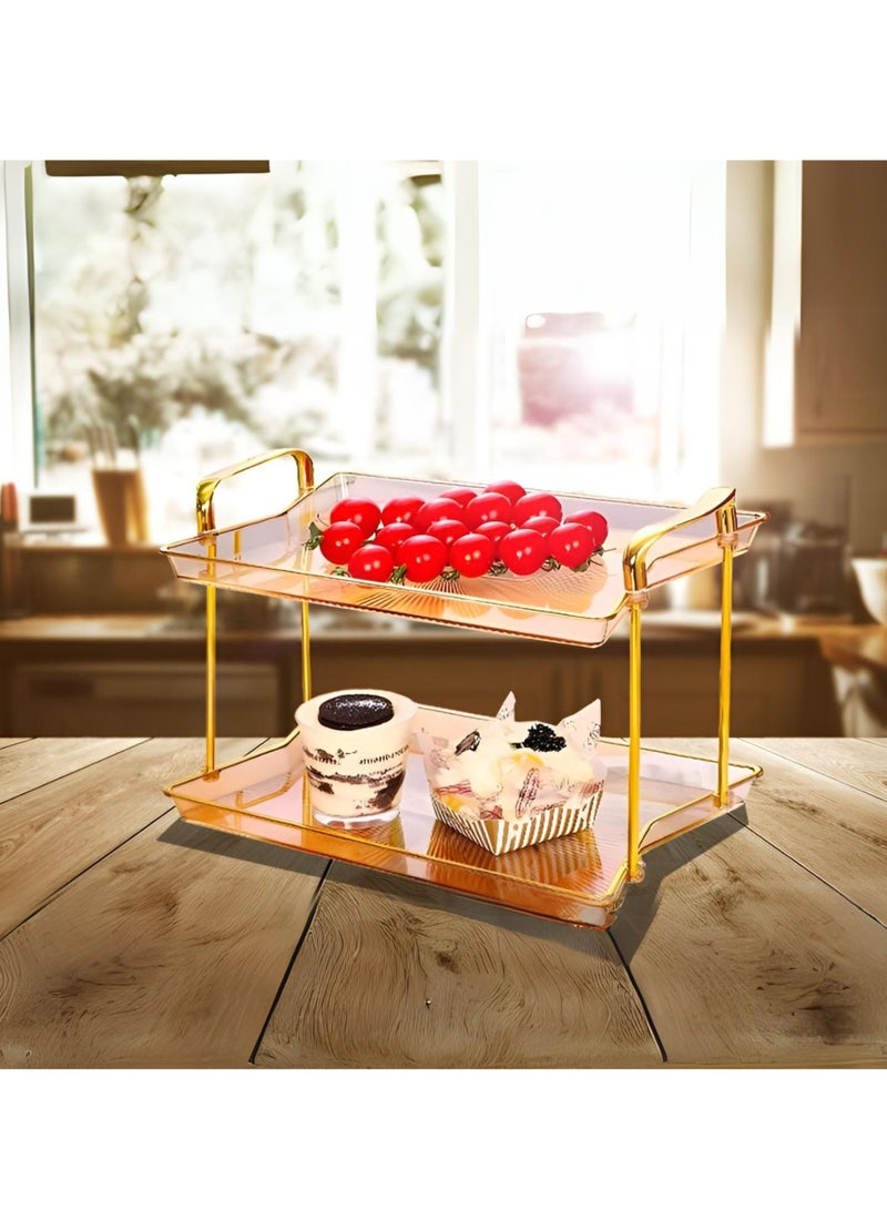 كوزي نست ستاند تقديم مستطيل من طبقتين بمقابض ذهبية بلون بني لتقديم الطعام والحلويات والعطور والقهوة وتزيين طاولة المنزل - Image 5