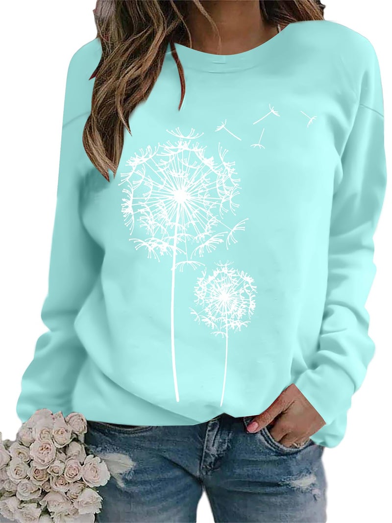 BANGELY Womens Dandelion Sweatshirt Hope Love Floral Graphic Shirt Casual Crewneck Tee Loose Long Sleeve Pullover Tops Light Green - Image 1