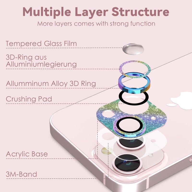 CloudValley for iPhone 15/ iPhone 15 Plus Camera Lens Protector, HD Tempered Metal Matte Glass Anti-Scratch, Case Friendly Full Screen Cover Film Accessories, GlitterPink - Image 3