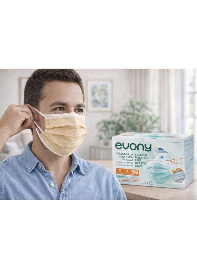evony 3-Ply Surgical Face Mask Beige Color – Box of 50 Pieces with Soft Elastic Ear Loops - Image 3