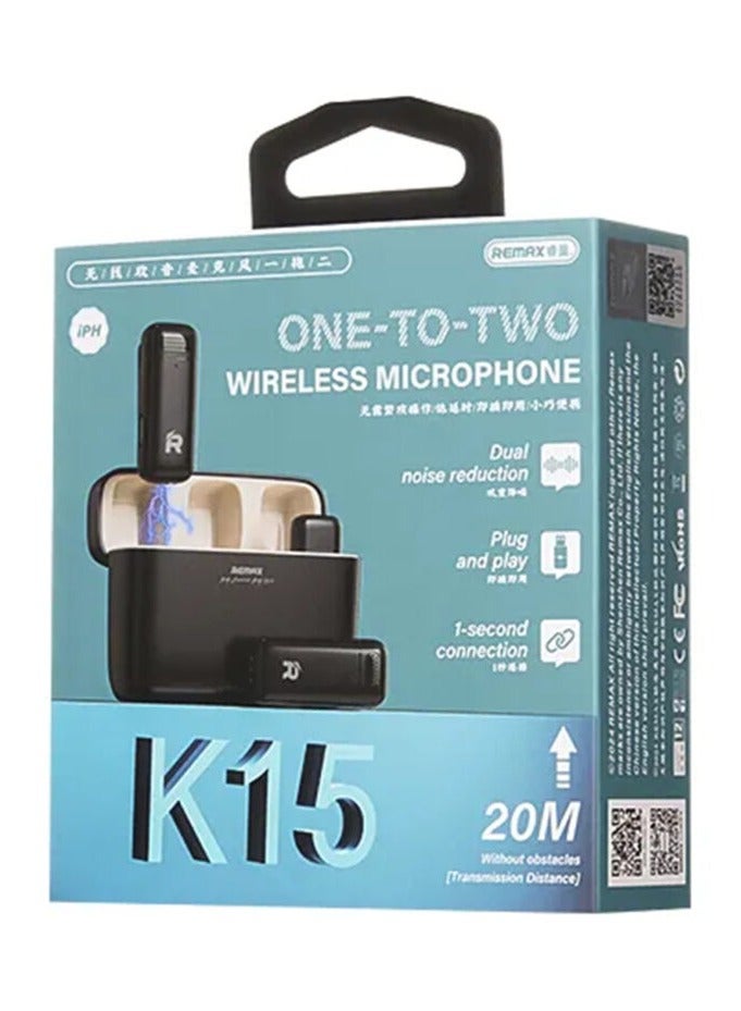 ريماكس ميكروفون لافاليير لاسلكي K15 من One-Two - صوت فائق الوضوح، وخفض مزدوج للضوضاء، واتصال تلقائي في ثانية واحدة، مثالي لمنشئي المحتوى  - Image 2