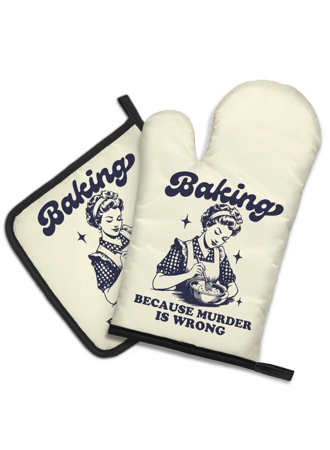 DYJYBMY Baking Because Murder is Wrong Funny Oven Mitts and Pot Holder Set, Humorous Vintage Lady Kitchen Gadgets for Women, Birthday Gifts for Bake Lover Chef, Hostess Gifts for Mom Wife Sister BFF - Image 1