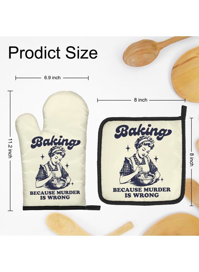DYJYBMY Baking Because Murder is Wrong Funny Oven Mitts and Pot Holder Set, Humorous Vintage Lady Kitchen Gadgets for Women, Birthday Gifts for Bake Lover Chef, Hostess Gifts for Mom Wife Sister BFF - Image 2