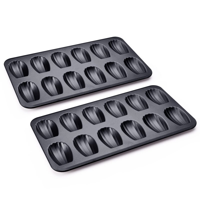 HONGBAKE Nonstick Madeleine Pan 2 Pack 12Cavity Heavy Duty Madeleine Cookies Trays for Oven Baking Warp Resistant Shell Shape Madeleine Mold Cake Pan Space Grey