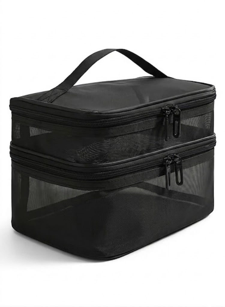 TRENZ Transparent mesh makeup bag with two compartments (top and bottom) for perfect cosmetic organization - Z03 - Image 1