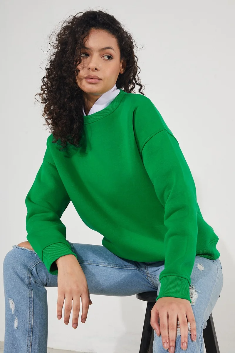 توينتي3 Women's Crew Neck Long Sleeve Basic 3 Thread Raised Sweatshirt