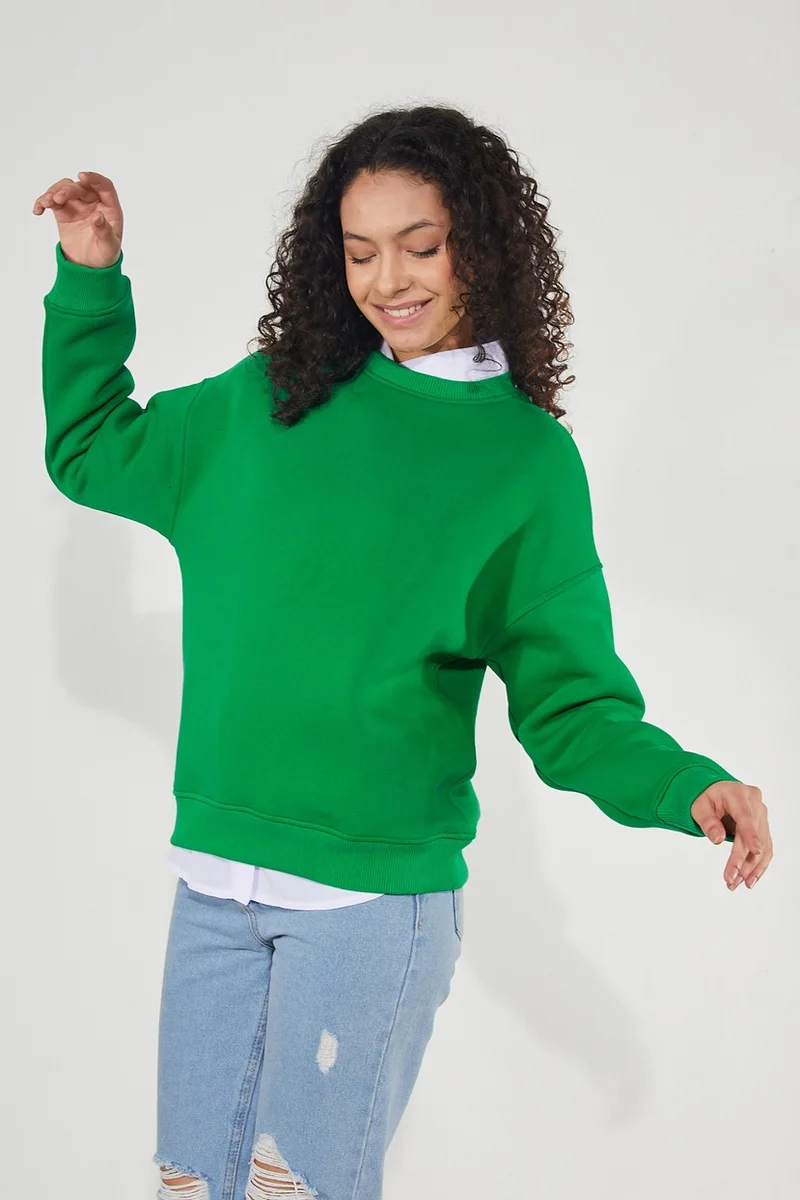 توينتي3 Women's Crew Neck Long Sleeve Basic 3 Thread Raised Sweatshirt