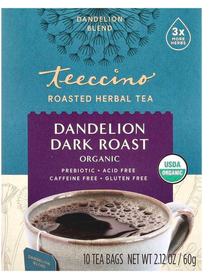 teeccino Organic Roasted Herbal Tea Dandelion Dark Roast Caffeine Free 10 Tea Bags 2.12 oz (60 g) 