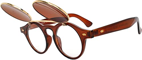 OWL Flip Up Steampunk Vintage Retro Round Circle Gothic Hippie Colored Plastic Frame Sunglasses Brown Lens OWL - Image 2