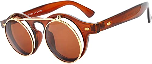 OWL Flip Up Steampunk Vintage Retro Round Circle Gothic Hippie Colored Plastic Frame Sunglasses Brown Lens OWL - Image 1