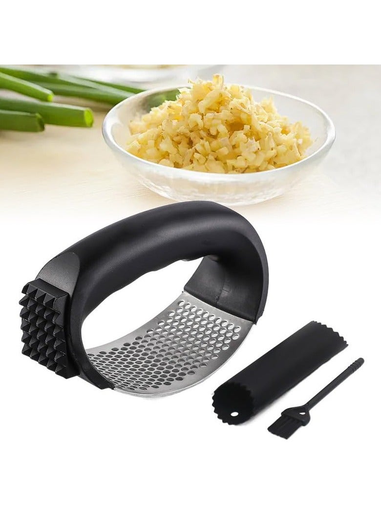 Garlic Press Rocker, Stainless Steel Garlic Presser, Garlic Mincer Crusher Masher with Peeler and Cleaning Brush, Garlic Chopper for Smash Garlic Kitchen Gadgets Tools  - Image 3