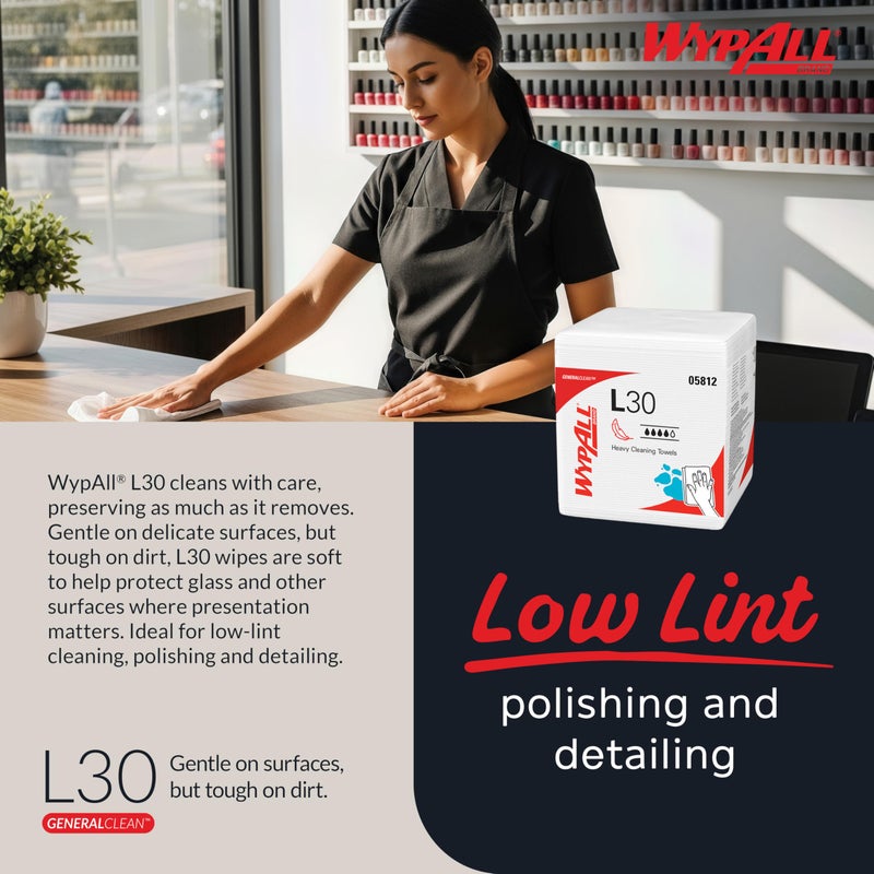 WypAll GeneralClean L30 Cloths Heavy Duty Cleaning Wipes (05812), Quarterfold, Strong and Soft Bulk Paper Wipers, White (12 Packs of 90 Sheets, 1,080 Sheet Total) - Image 5