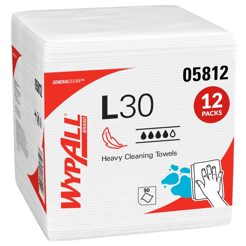 WypAll GeneralClean L30 Cloths Heavy Duty Cleaning Wipes (05812), Quarterfold, Strong and Soft Bulk Paper Wipers, White (12 Packs of 90 Sheets, 1,080 Sheet Total) - Image 1