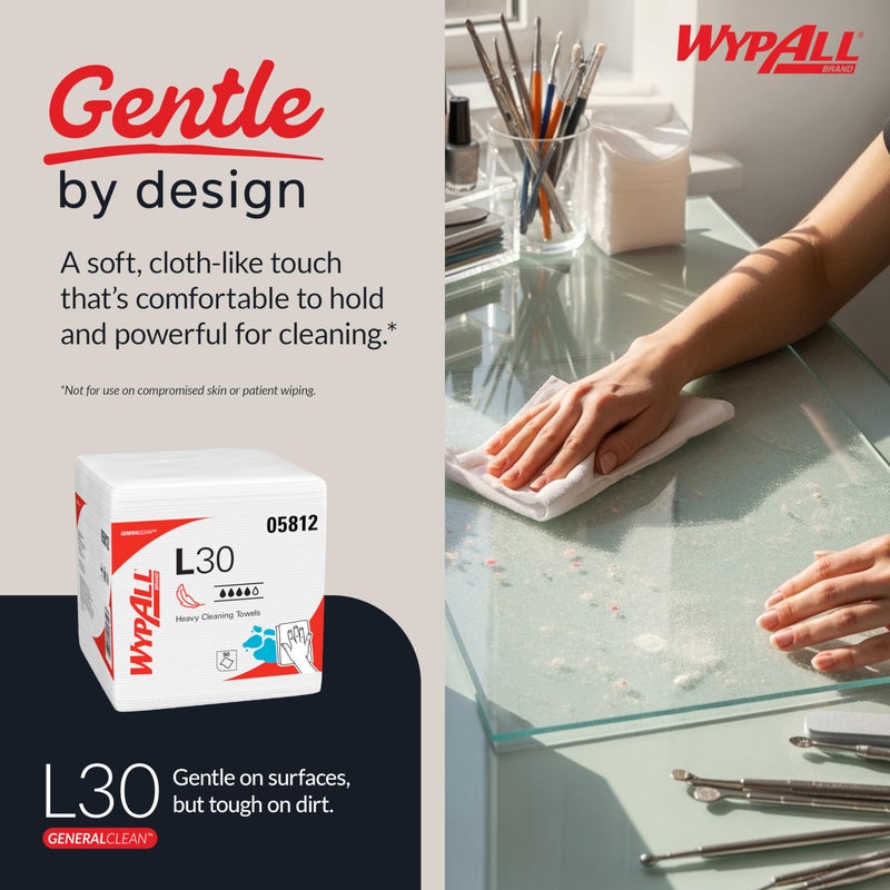 WypAll GeneralClean L30 Cloths Heavy Duty Cleaning Wipes (05812), Quarterfold, Strong and Soft Bulk Paper Wipers, White (12 Packs of 90 Sheets, 1,080 Sheet Total) - Image 4