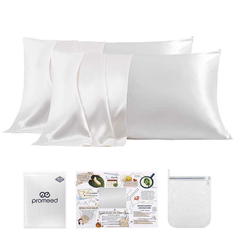 PROMEED White Silk Pillowcase 2 Pack for Hair and Skin 100 23 Momme Mulberry Silk Pillow Case Set of 2 with Hidden Zipper Natural and AcneFighting Queen 20x30 White