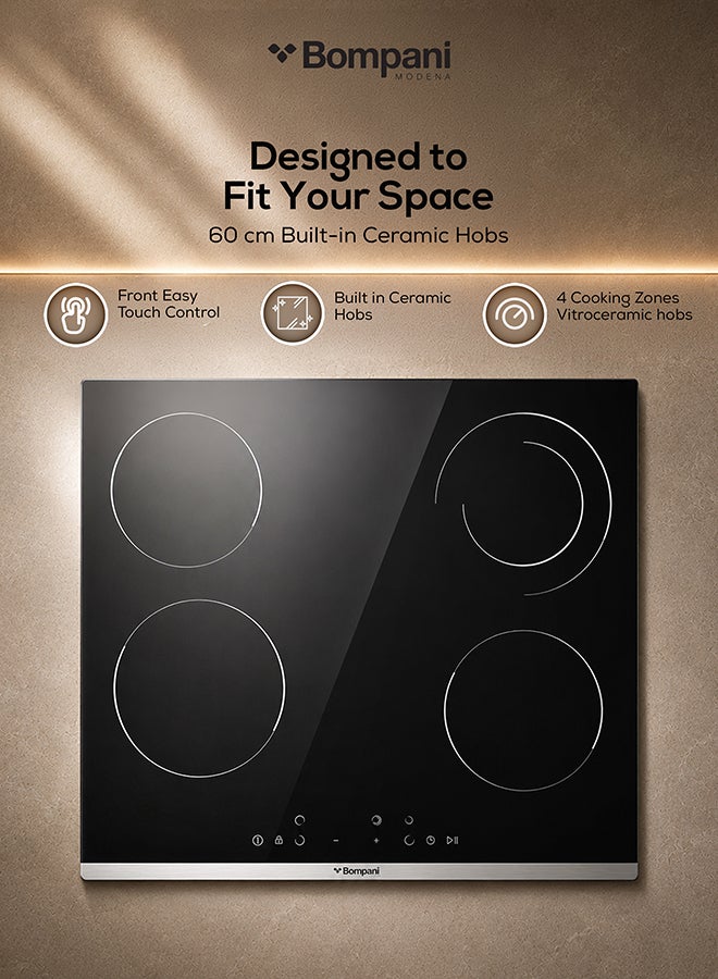 Bompani 60cm Built-In Vitroceramic Hob - Hi-light Electrical Hob, 4 Cooking Zones, 10 Power Levels -  One Year Manufacturer Warranty - BO273TIT Black - Image 2