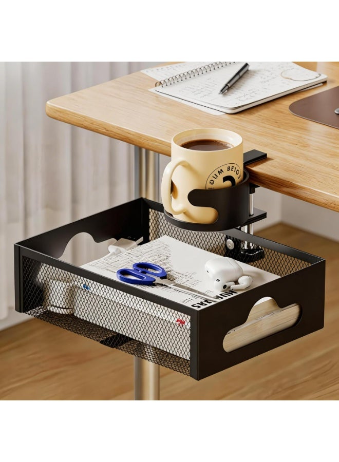 Pikengenus Clamp-On Under Desk Organizer with Cup Holder, 360° Rotating Mesh Drawer with Cable Hole, No-Drill Desk Drawer Organizer for Gaming Desk Accessories, Office Supplies, Coffee Mug, Dorm(2 in1