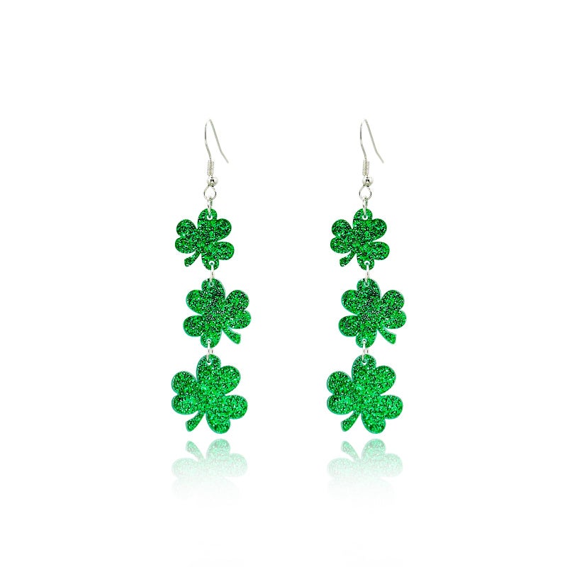 St Patricks Day Earrings Sparky Green Four Leaf Hat Shamrock Danlge Earrings for Women