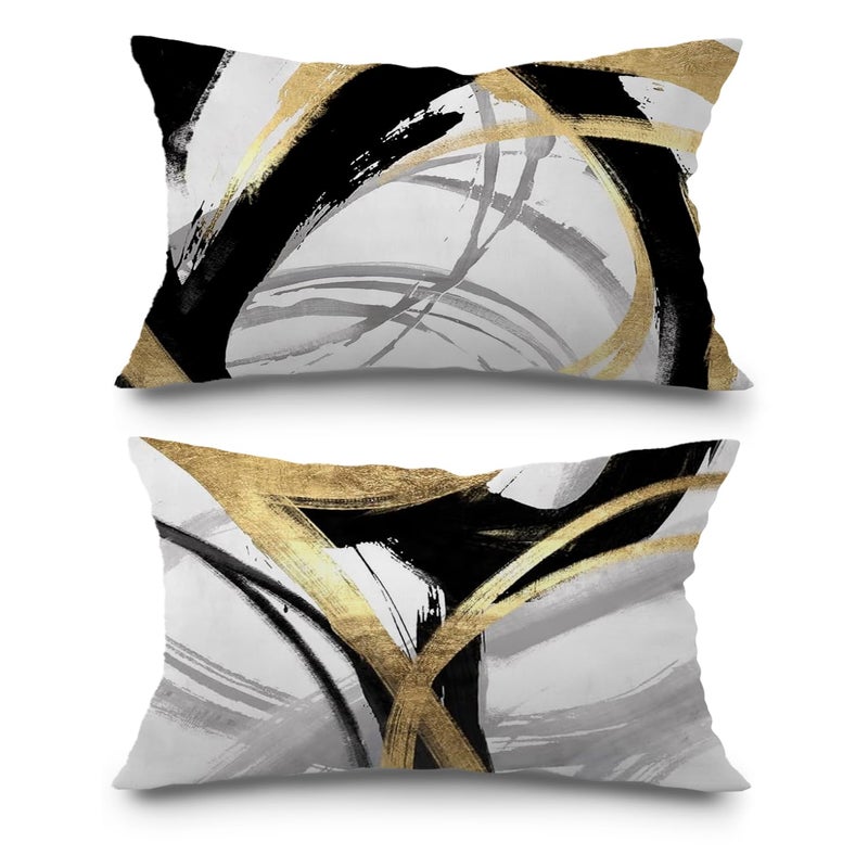 Supwhd Black White and Gold Pillow Covers  Abstract Black and Gold Pillow Covers 12x20 Set of 2  Modern Boho Home Decor  Black and Gold Pillows Decorative Throw Pillows for Couch Living Room Bedroom - Image 1