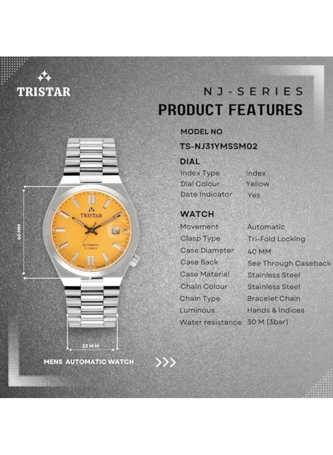 Tristar ساعة أوتوماتيكية للرجال من سلسلة تريستار NJ بقرص أصفر من الفهرس وسوار من الفولاذ المقاوم للصدأ - Image 5