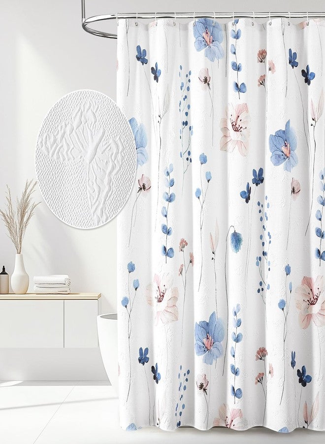 QiyI Watercolor Floral Shower Curtain, 3D Embossed Butterflies Blue Pink Flower Bathroom Curtain, Minimalist White Cloth Bath Curtain, Waterproof Fabric Textured Shower Curtain Set with Hooks, 72x72 - Image 1