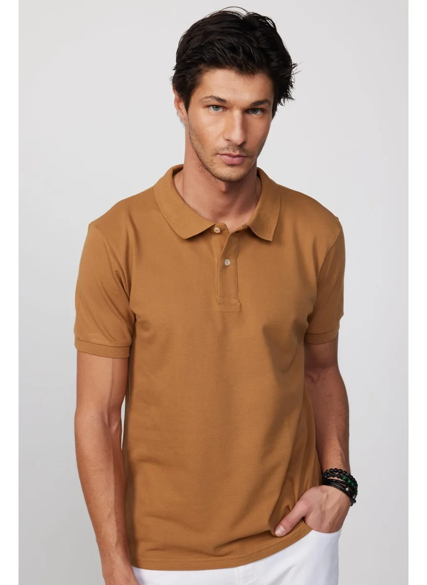 تودورس Men's Slim Fit Narrow Cut Cotton Plain Pique Brown Polo Collar T-Shirt