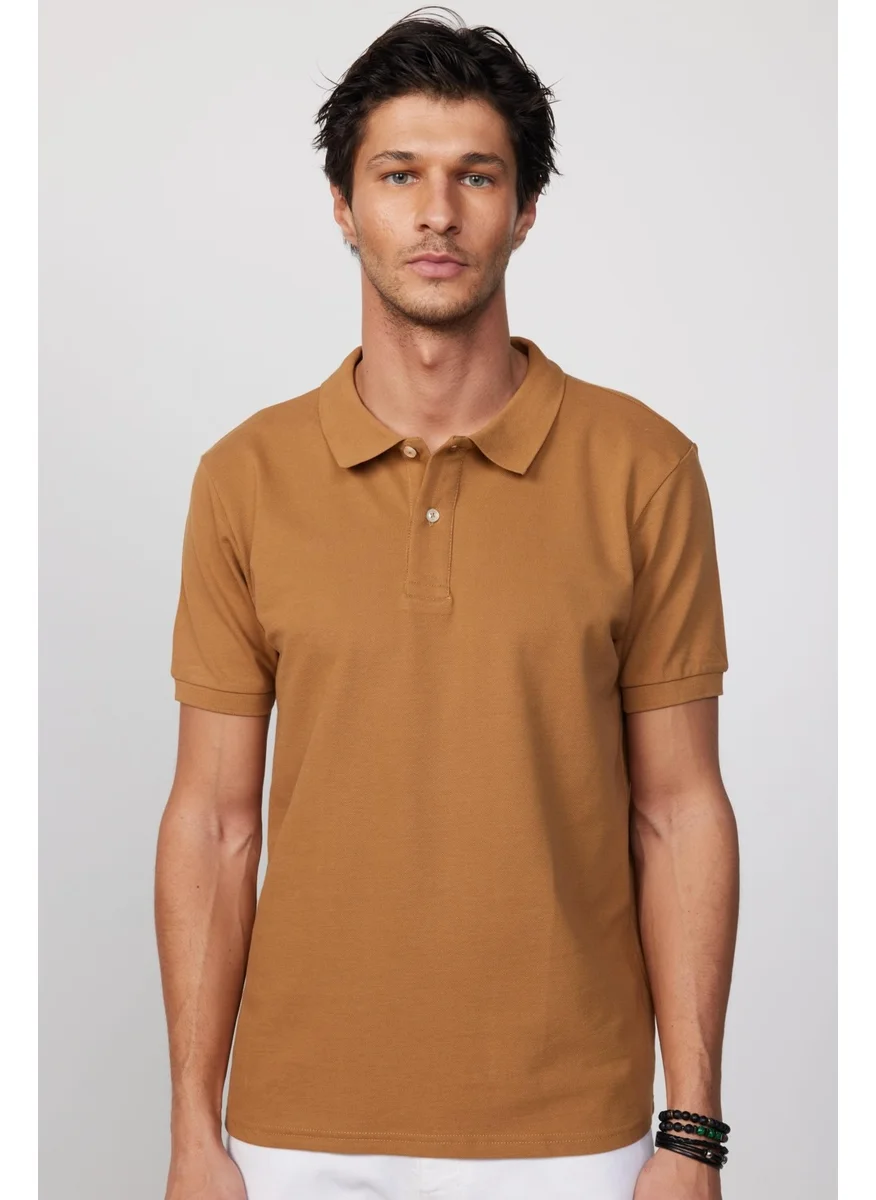 تودورس Men's Slim Fit Narrow Cut Cotton Plain Pique Brown Polo Collar T-Shirt