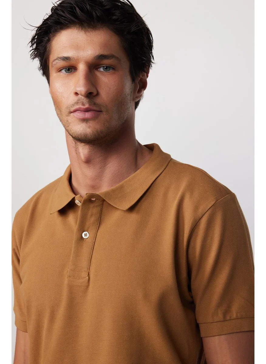 تودورس Men's Slim Fit Narrow Cut Cotton Plain Pique Brown Polo Collar T-Shirt