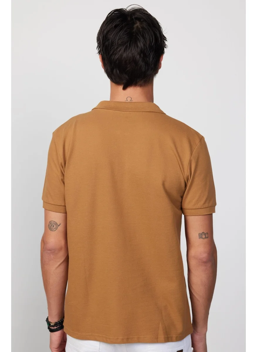 تودورس Men's Slim Fit Narrow Cut Cotton Plain Pique Brown Polo Collar T-Shirt