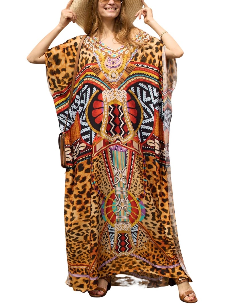 IMAGEKOPE Women's Plus Size Loose Fit Moroccan Print V-Neck Batwing Kaftan Stylish Beach Dress Bathing Suit Cover Up - Image 1
