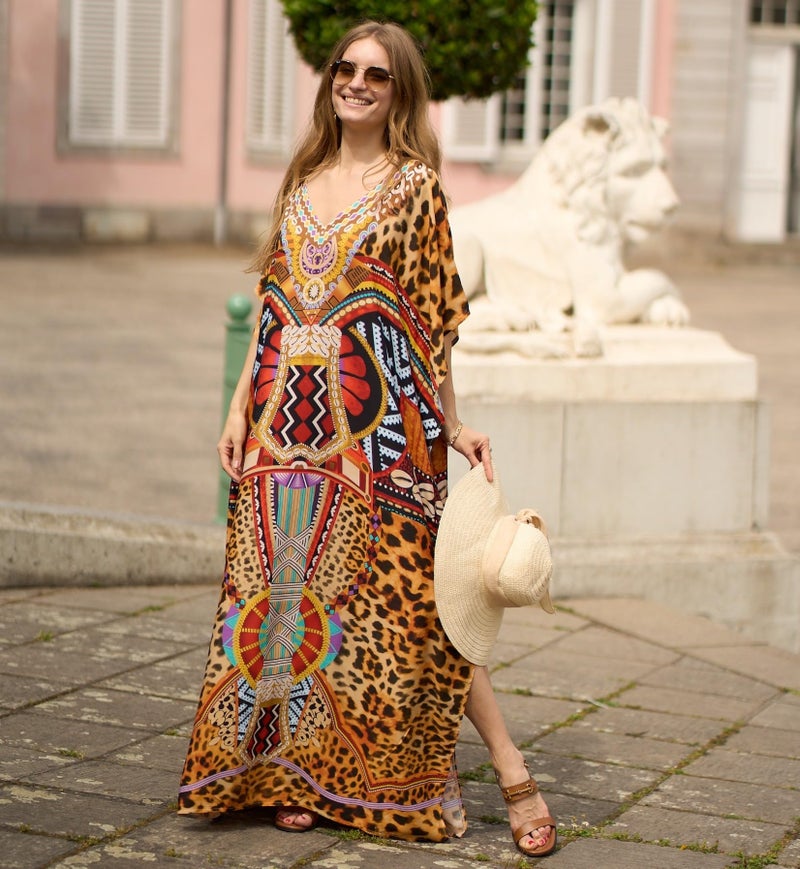 IMAGEKOPE Women's Plus Size Loose Fit Moroccan Print V-Neck Batwing Kaftan Stylish Beach Dress Bathing Suit Cover Up - Image 3